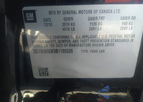 2011 Chevrolet Impala Ls из США, поврежденный, VIN 2G1WA5EK9B1189326